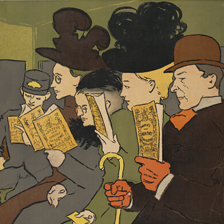 A row of people on a bench reading a magazine